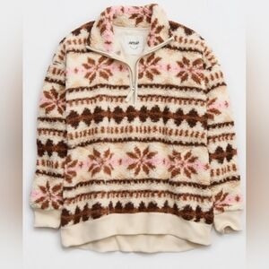 Aerie hometown holiday quarter zip sweatshirt  brown/cream large